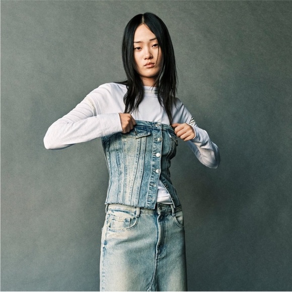 Zara Denim Buttonfly Bustier Top - Picture 1 of 9